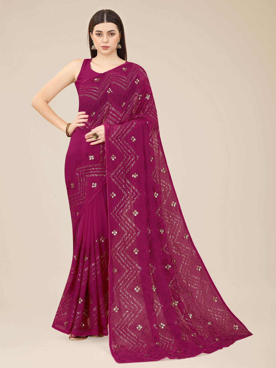 Pink Georgette Embroidered Wedding Festival Classic Style Saree