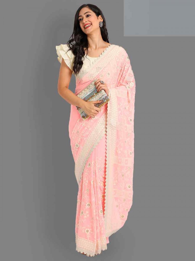 Pink Georgette Embroidered Wedding Festival Classic Style Saree