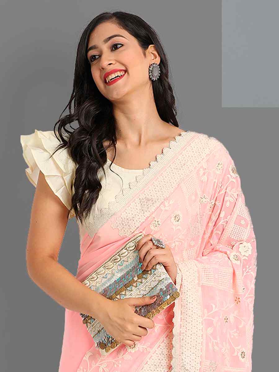 Pink Georgette Embroidered Wedding Festival Classic Style Saree