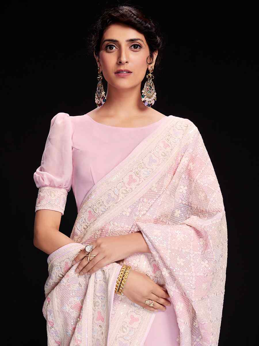 Pink Georgette Embroidered Wedding Festival Heavy Border Saree