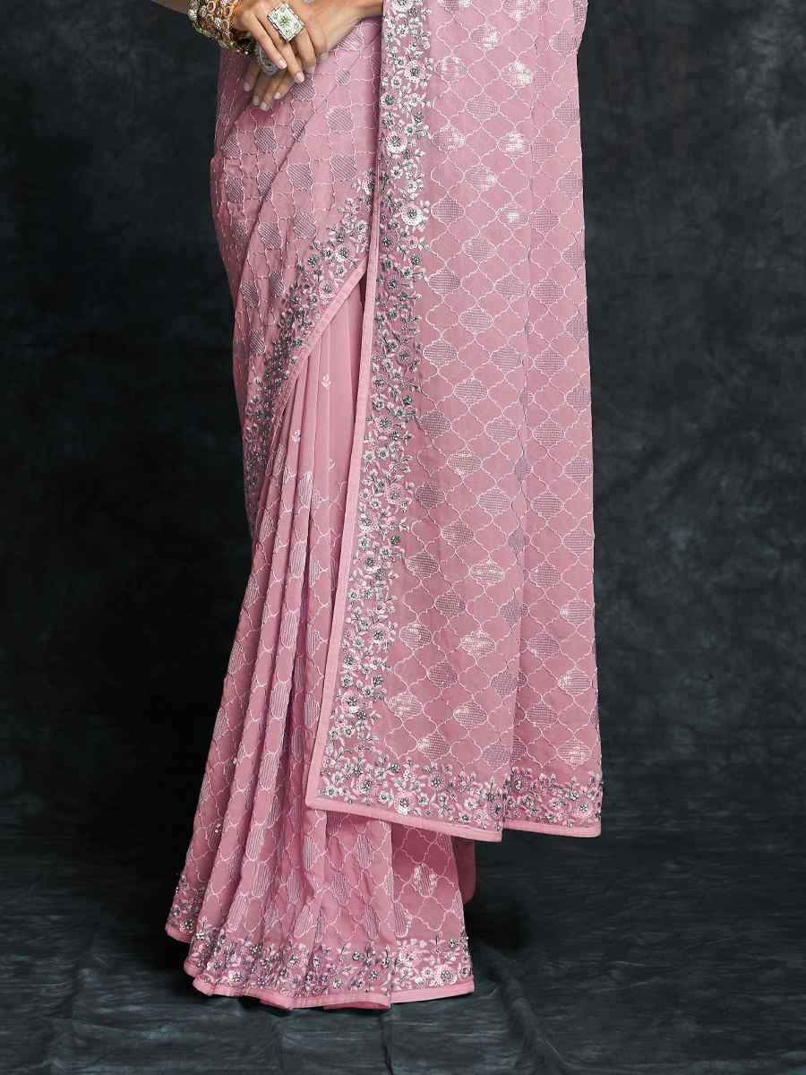 Pink Georgette Embroidered Wedding Festival Heavy Border Saree