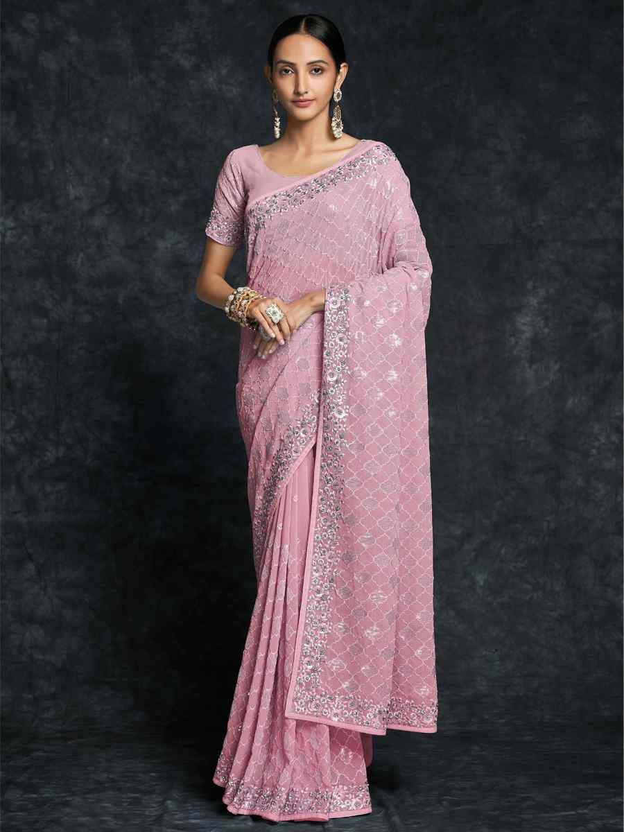 Pink Georgette Embroidered Wedding Festival Heavy Border Saree