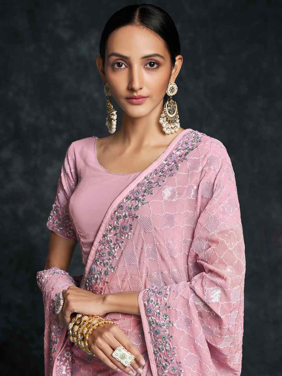 Pink Georgette Embroidered Wedding Festival Heavy Border Saree