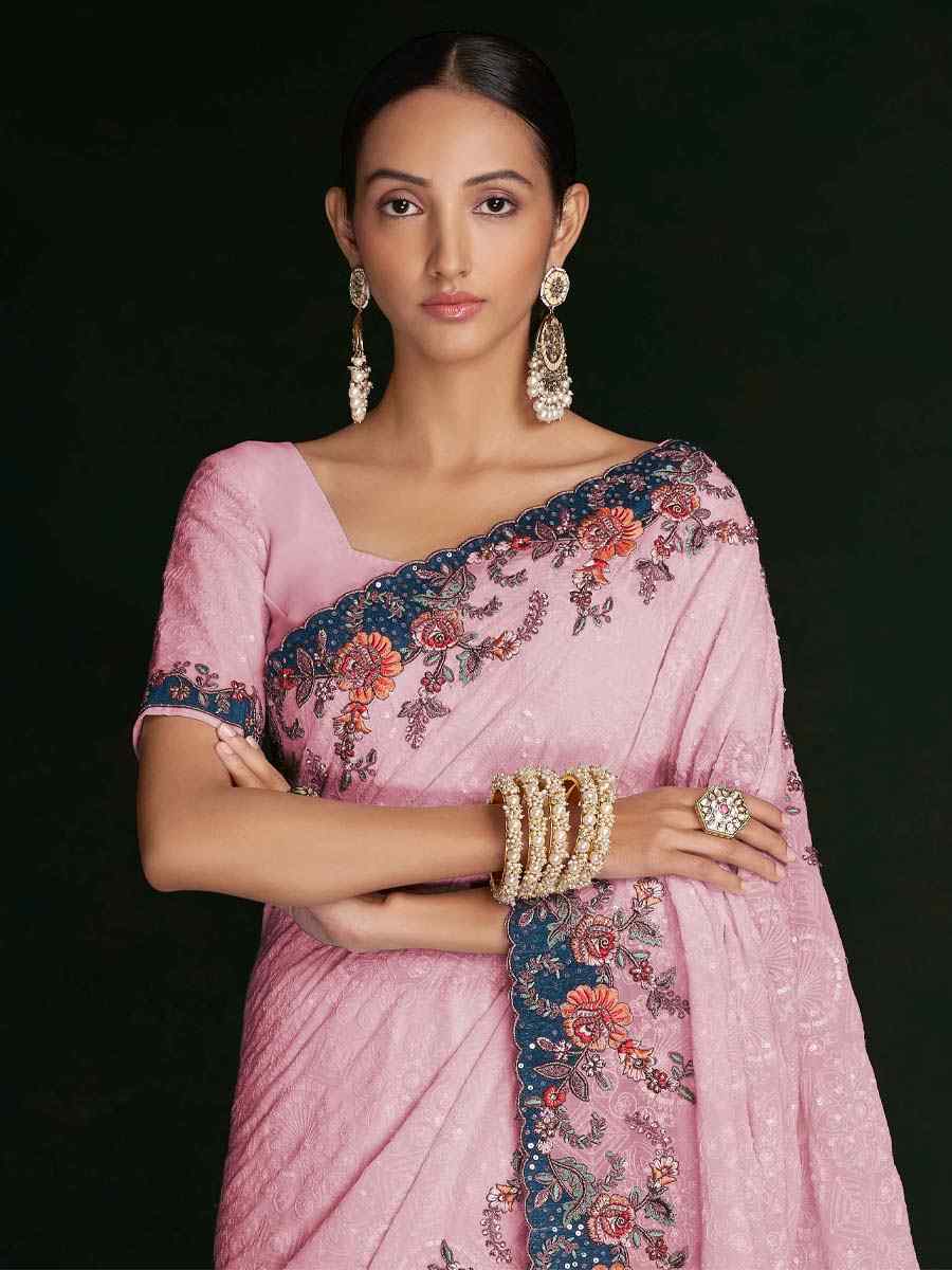 Pink Georgette Embroidered Wedding Festival Heavy Border Saree