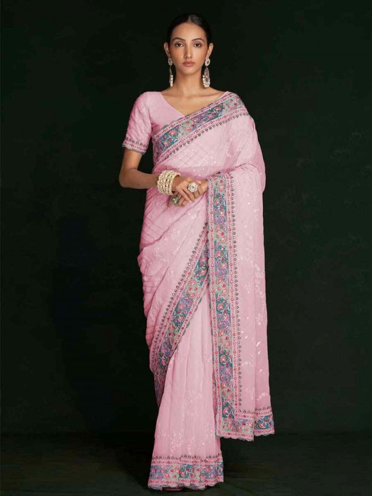 Pink Georgette Embroidered Wedding Festival Heavy Border Saree