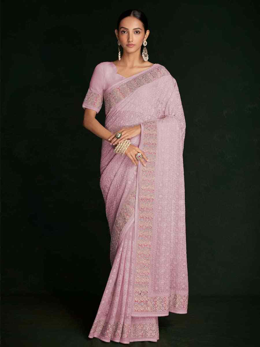 Pink Georgette Embroidered Wedding Festival Heavy Border Saree