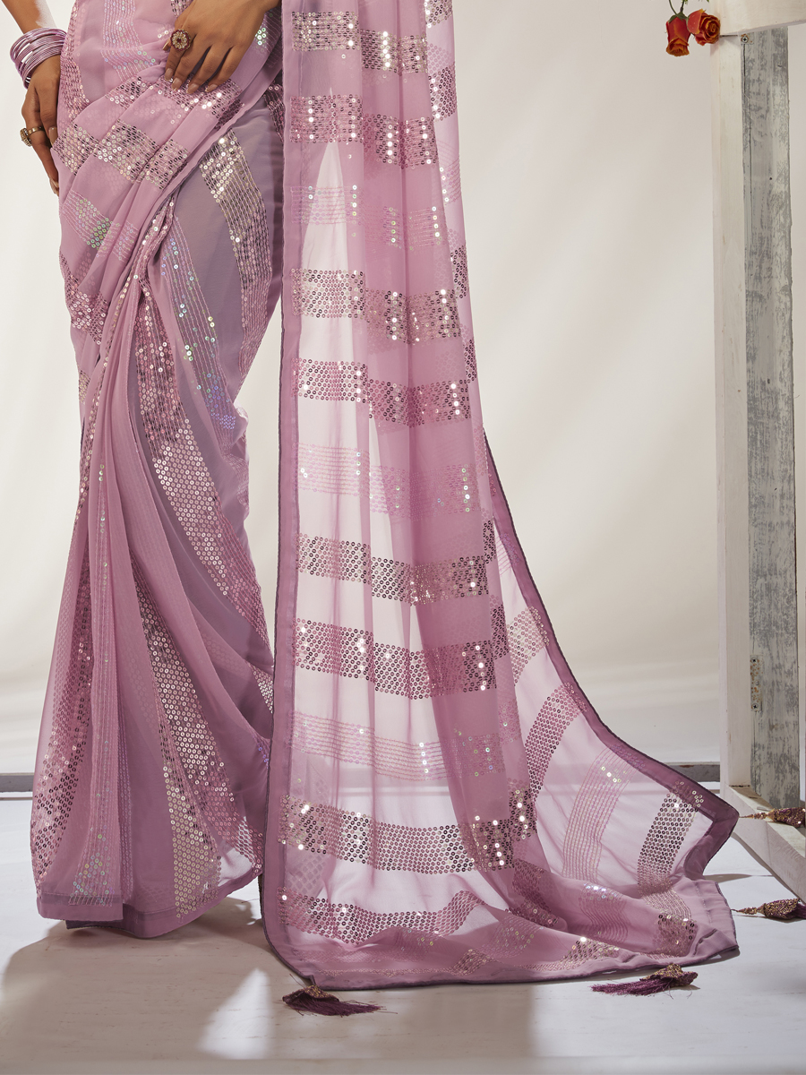 Pink Georgette Embroidered Wedding Festival Heavy Border Saree