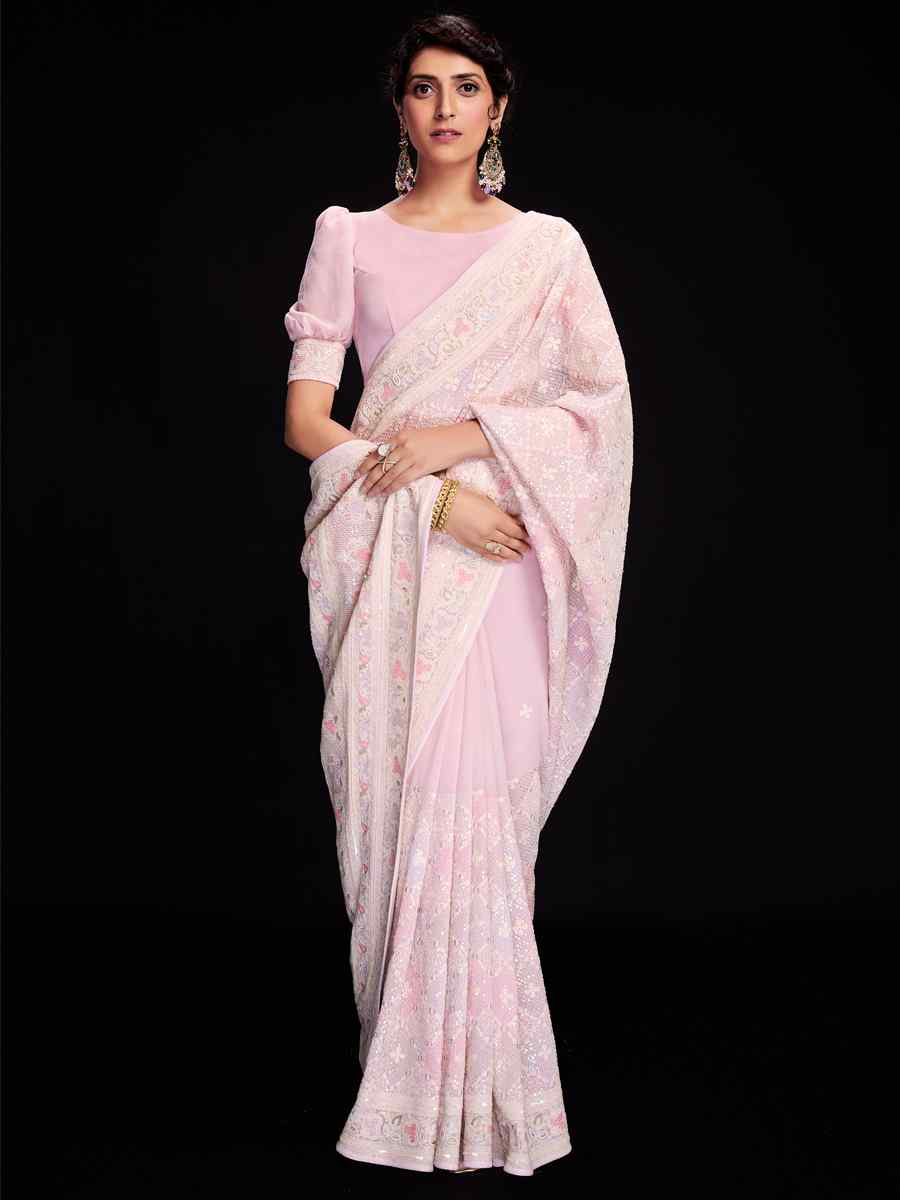 Pink Georgette Embroidered Wedding Festival Heavy Border Saree