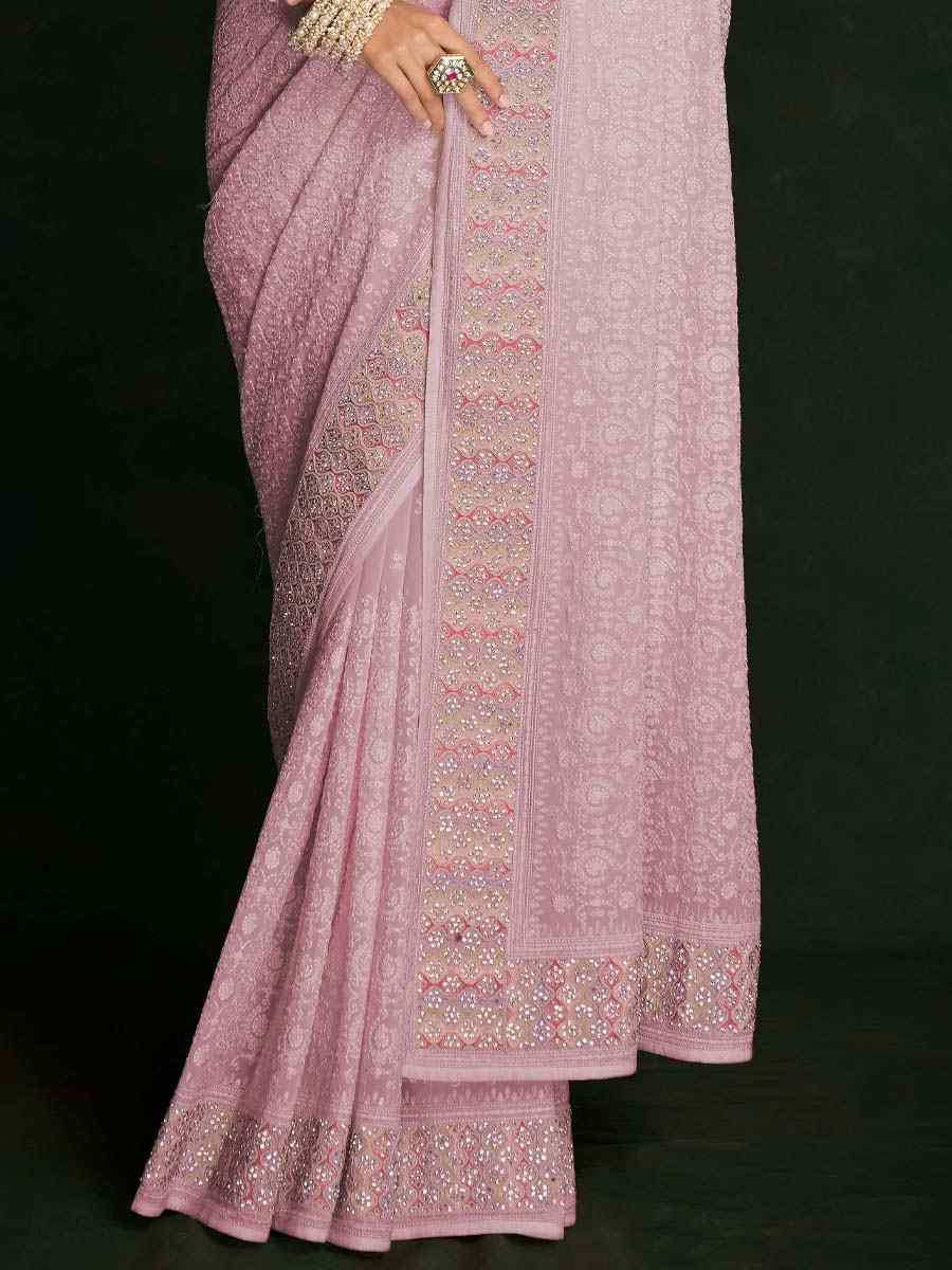 Pink Georgette Embroidered Wedding Festival Heavy Border Saree