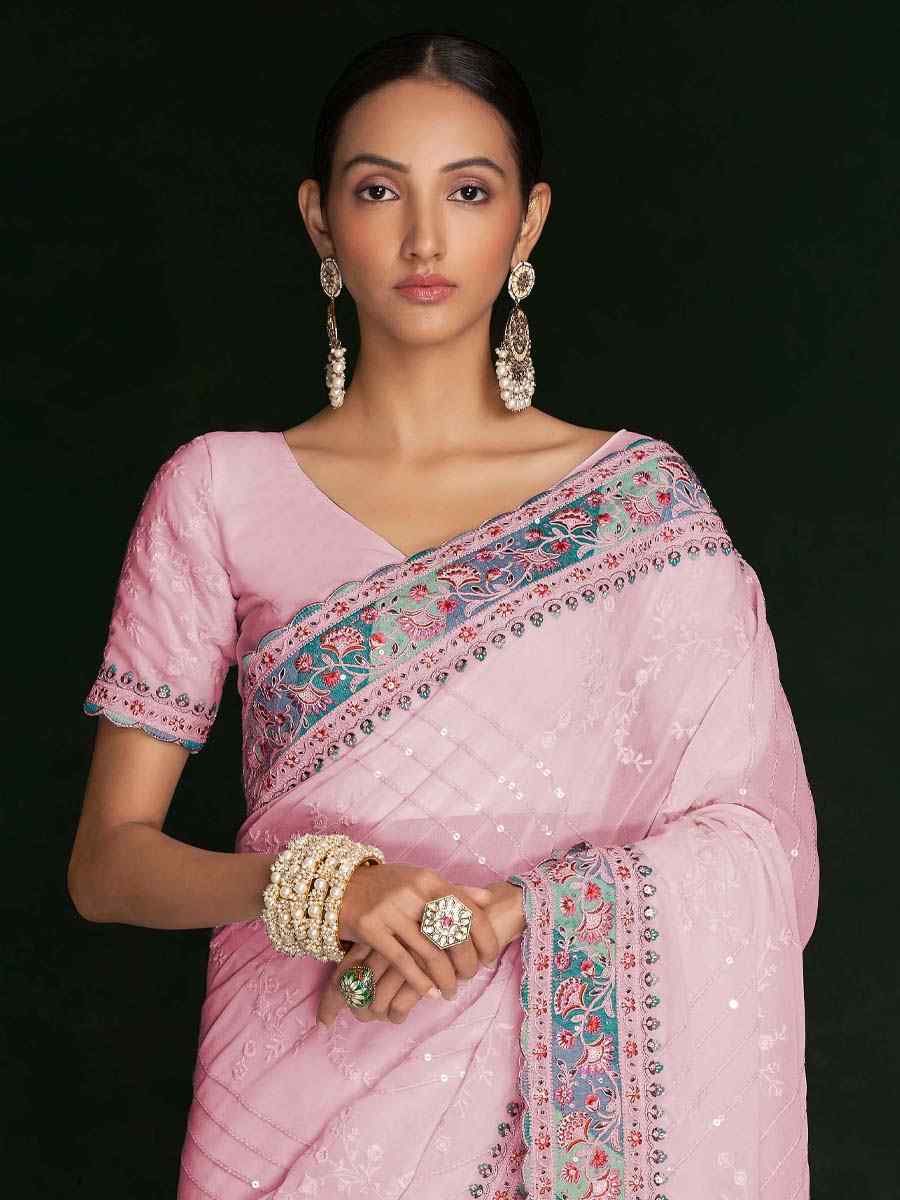 Pink Georgette Embroidered Wedding Festival Heavy Border Saree