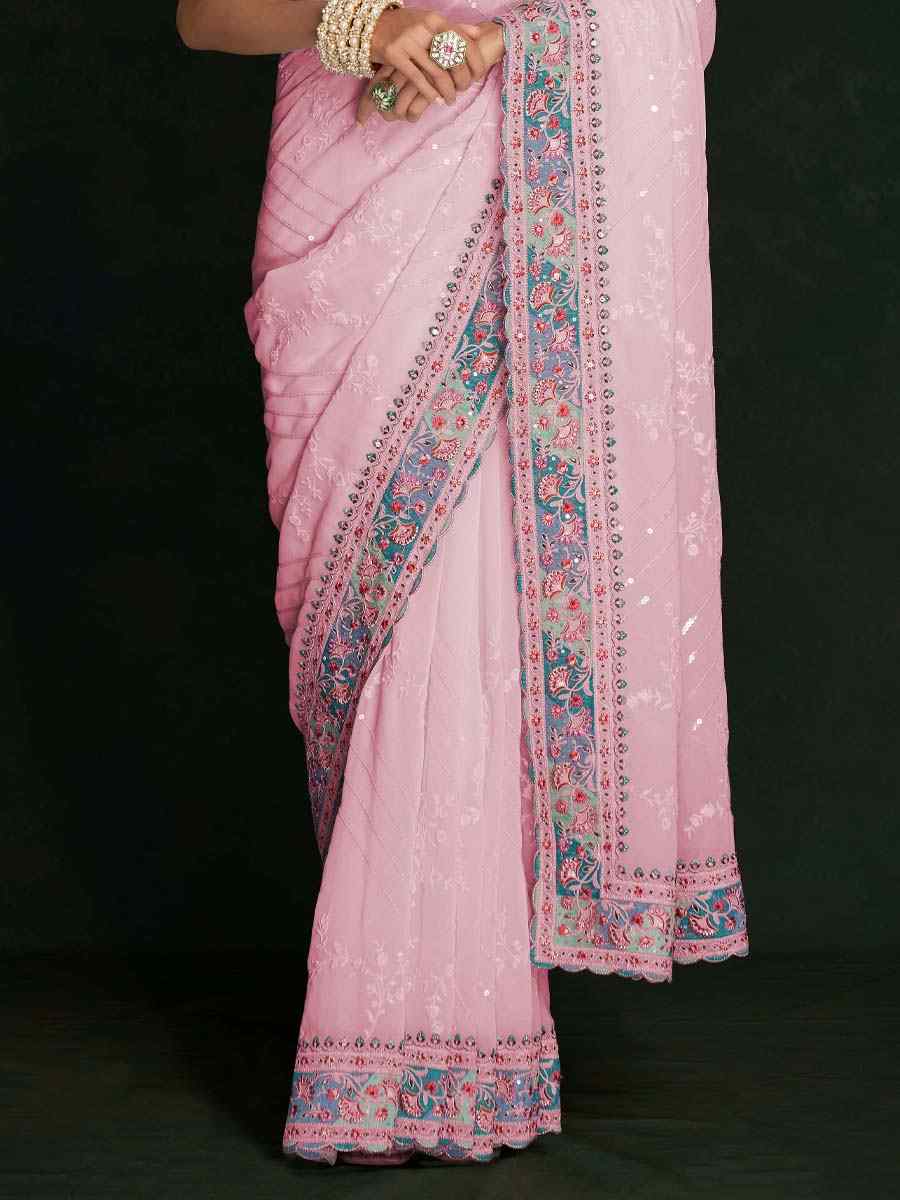 Pink Georgette Embroidered Wedding Festival Heavy Border Saree