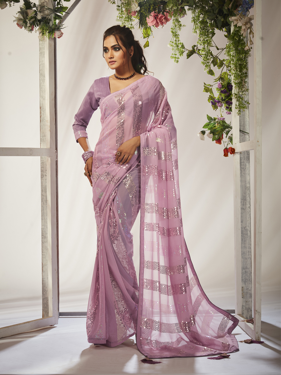 Pink Georgette Embroidered Wedding Festival Heavy Border Saree