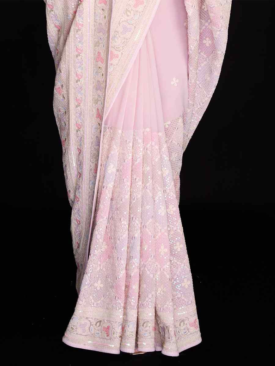 Pink Georgette Embroidered Wedding Festival Heavy Border Saree