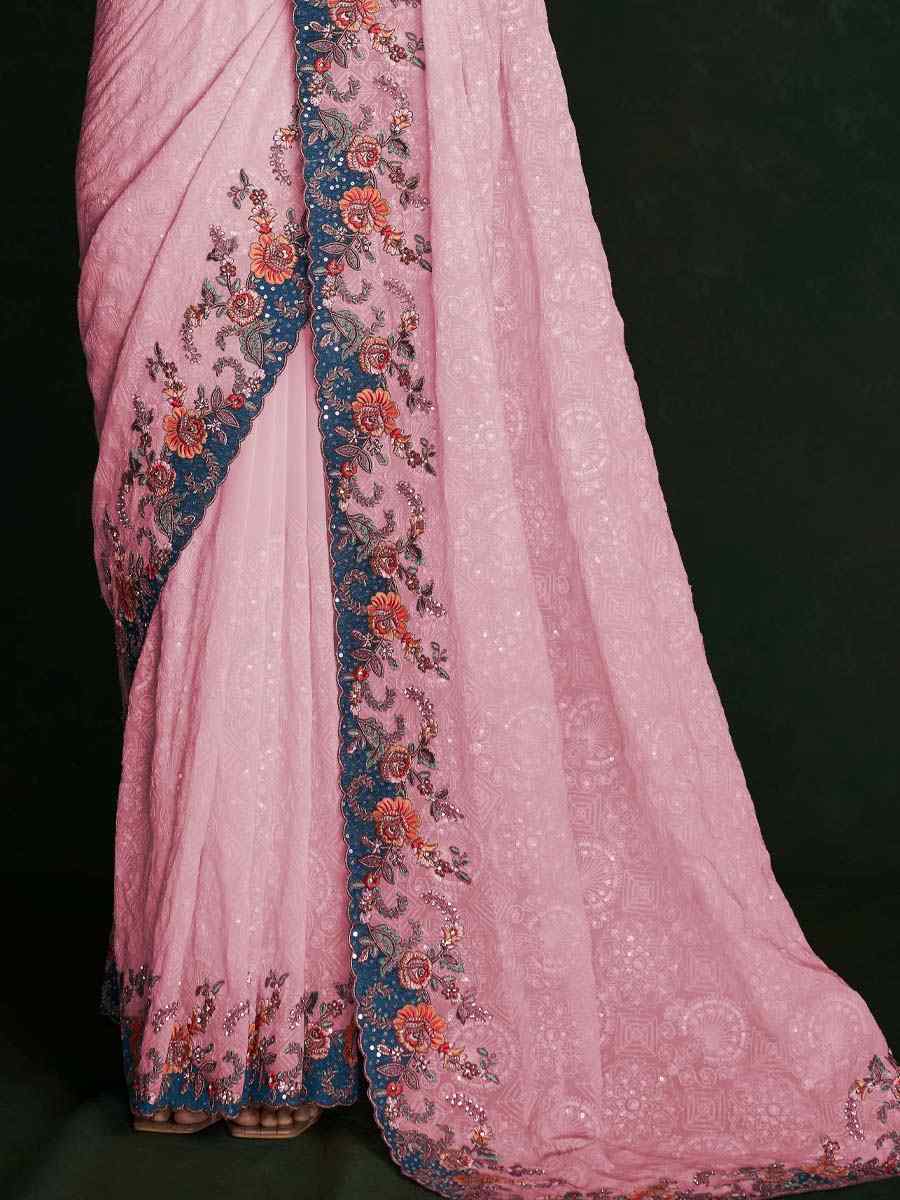Pink Georgette Embroidered Wedding Festival Heavy Border Saree