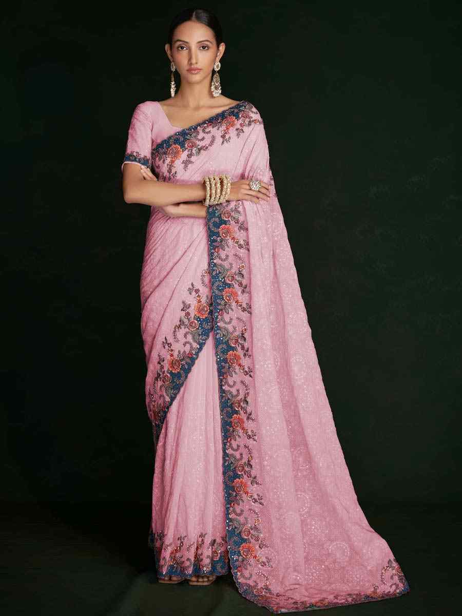 Pink Georgette Embroidered Wedding Festival Heavy Border Saree