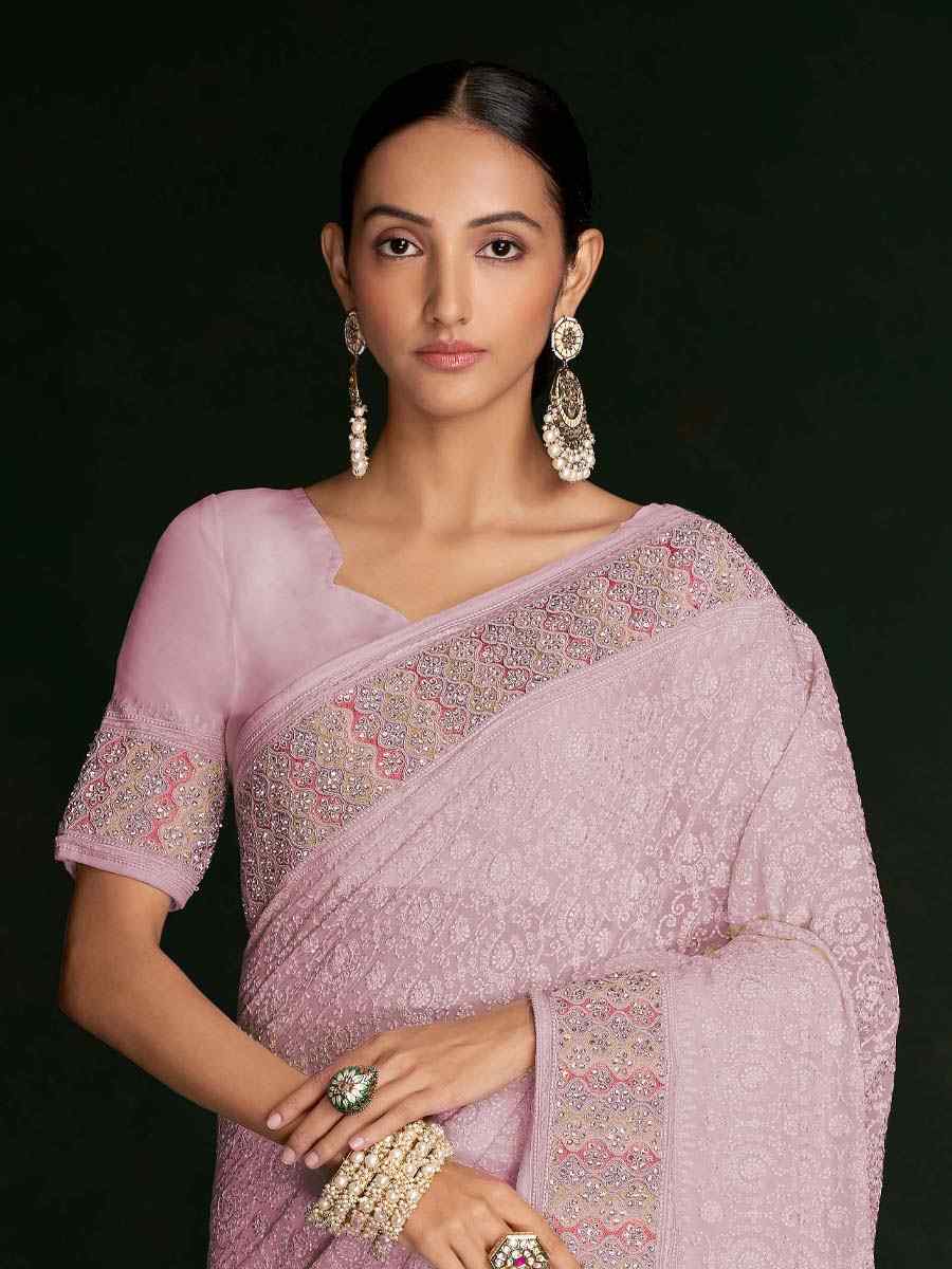 Pink Georgette Embroidered Wedding Festival Heavy Border Saree