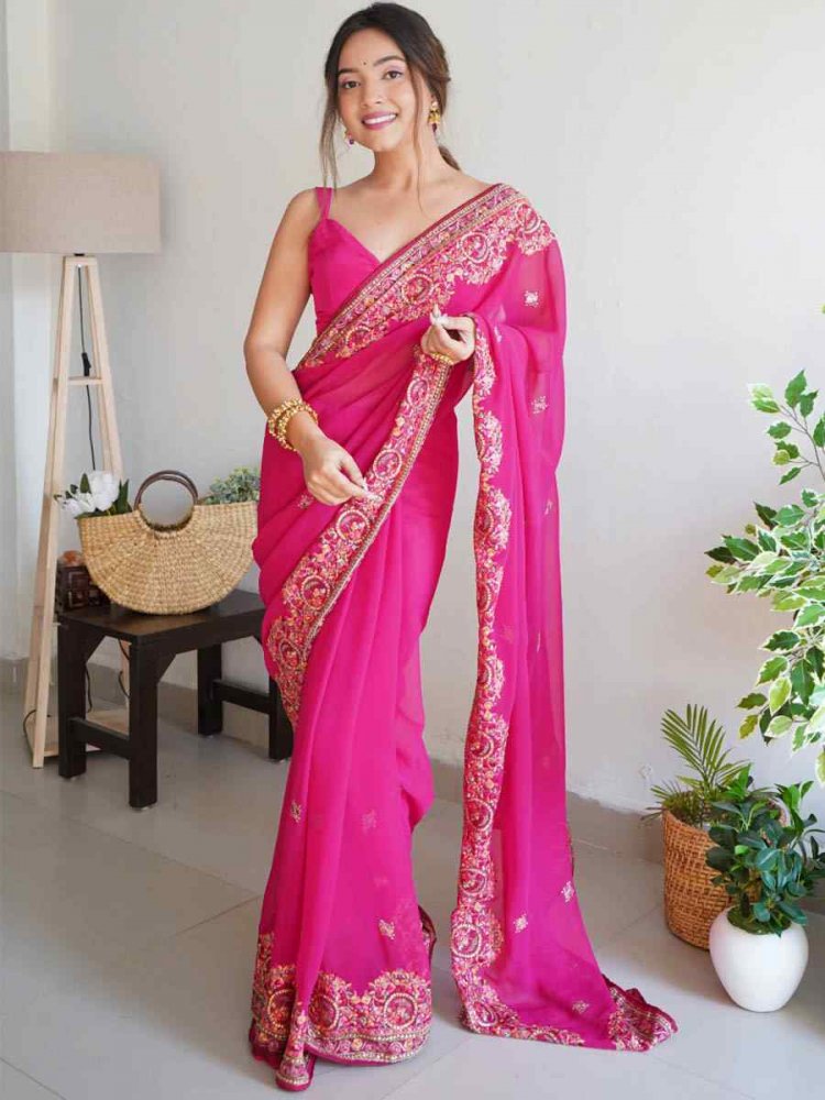 Pink Georgette Embroidered Wedding Festival Heavy Border Saree