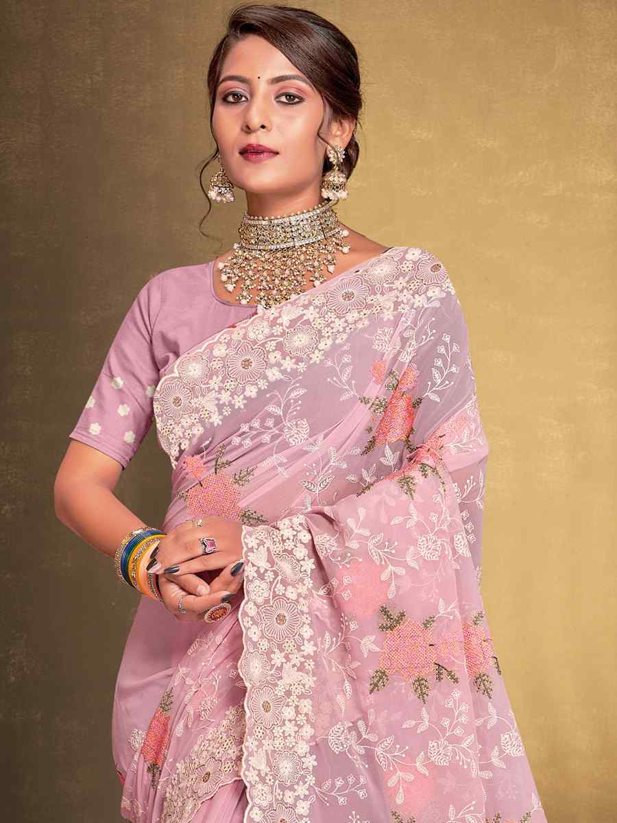 Pink Georgette Embroidered Wedding Party Heavy Border Saree