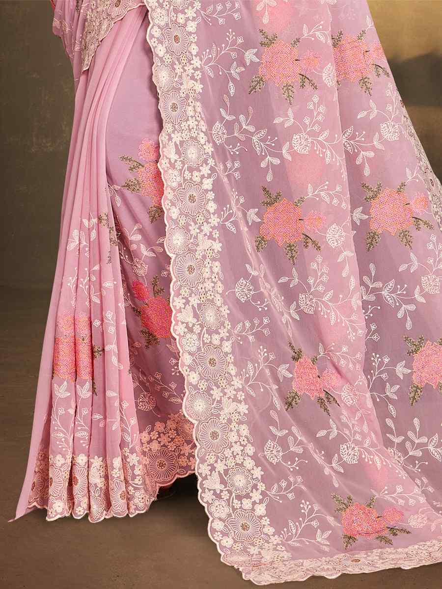 Pink Georgette Embroidered Wedding Party Heavy Border Saree