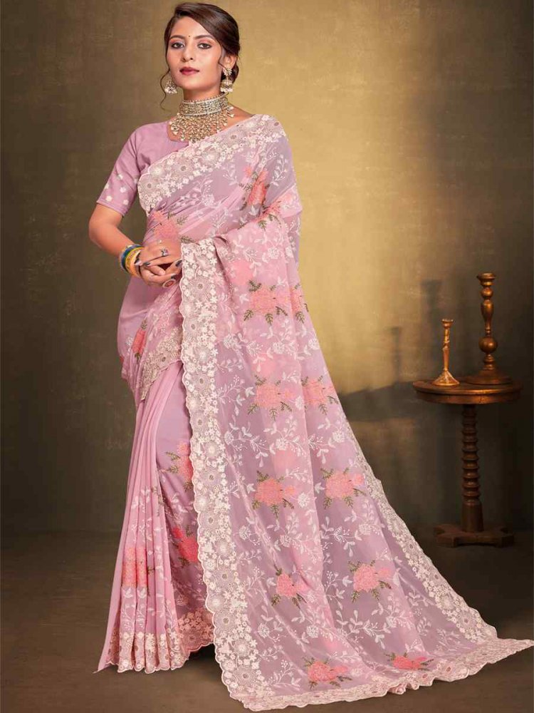 Pink Georgette Embroidered Wedding Party Heavy Border Saree