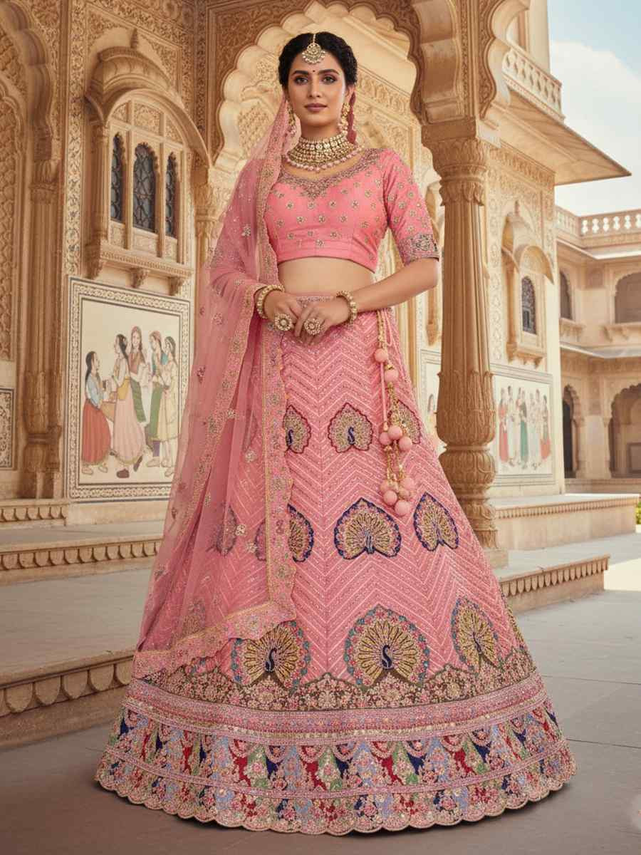 Pink Georgette Embroidered Wedding Reception Festival Heavy Border Lehenga Choli