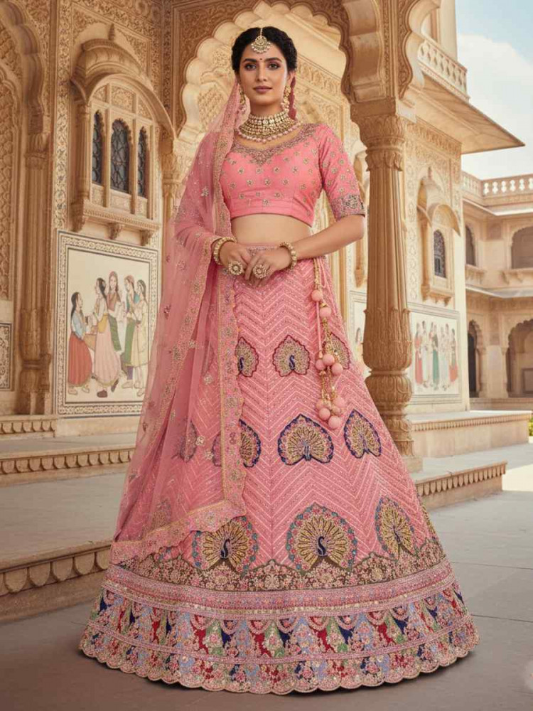 Image of Pink Georgette Embroidered Wedding Reception Festival Heavy Border Lehenga Choli