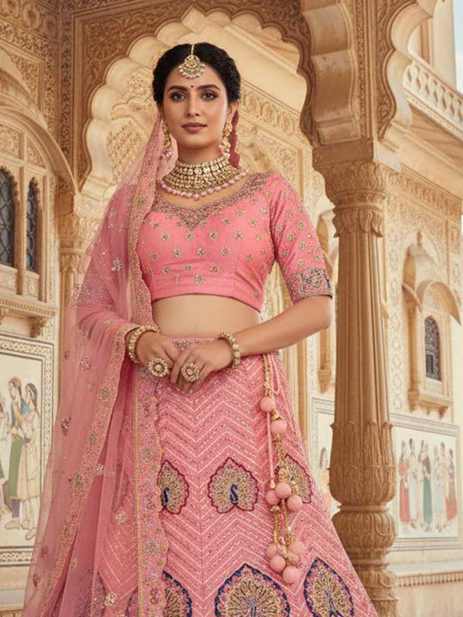 Pink Georgette Embroidered Wedding Reception Festival Heavy Border Lehenga Choli