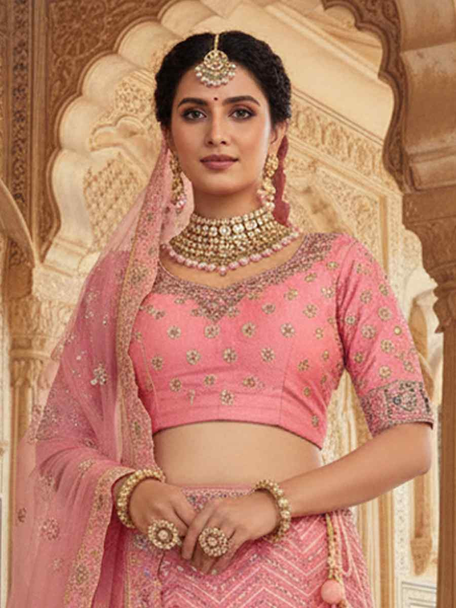 Pink Georgette Embroidered Wedding Reception Festival Heavy Border Lehenga Choli