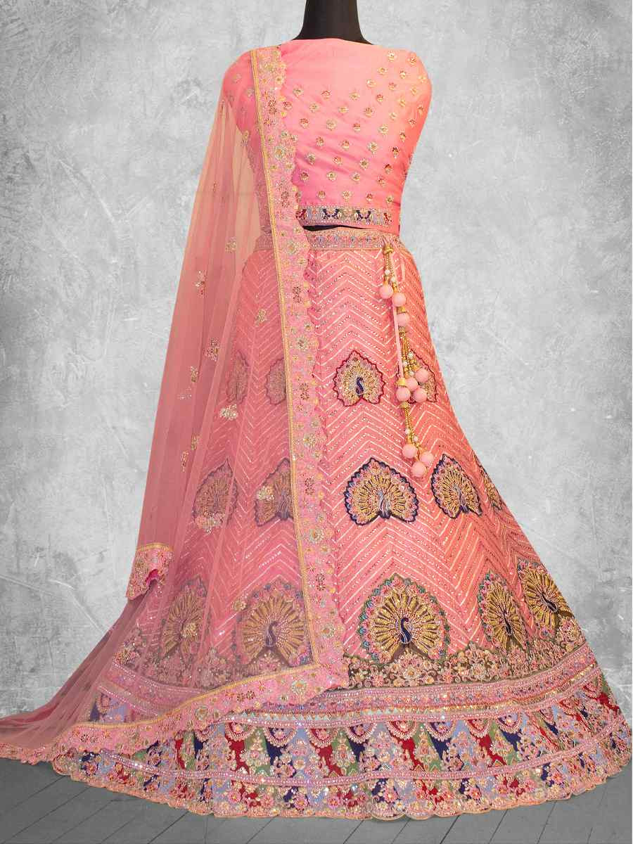 Pink Georgette Embroidered Wedding Reception Festival Heavy Border Lehenga Choli