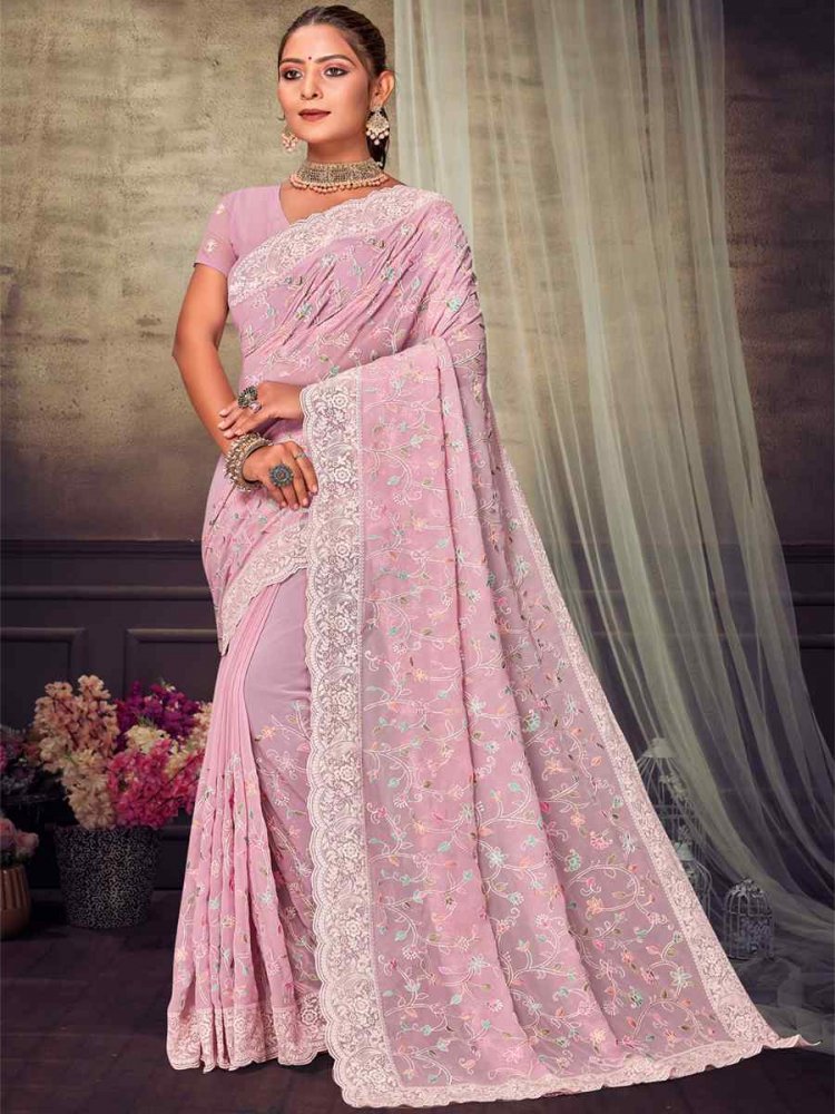 Pink Georgette Embroidered Wedding Reception Heavy Border Saree
