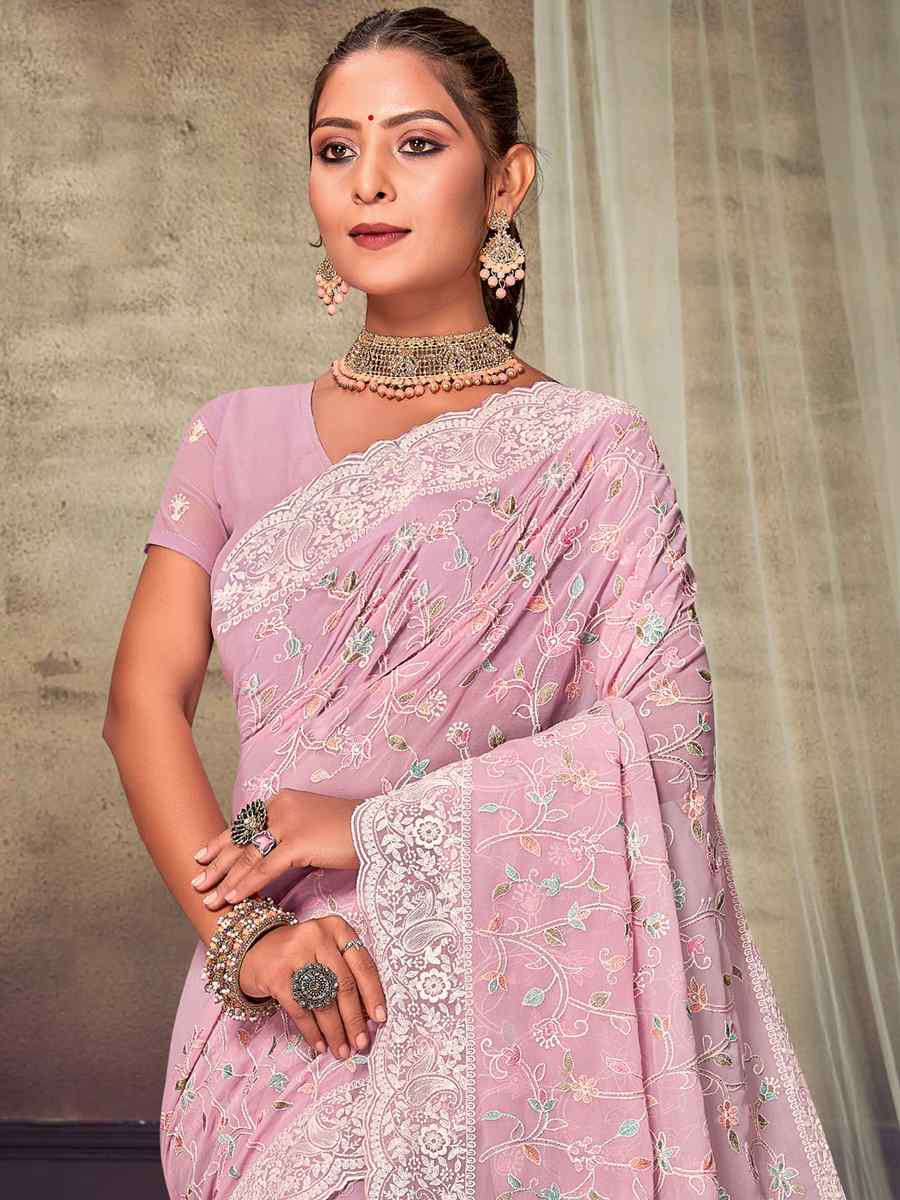 Pink Georgette Embroidered Wedding Reception Heavy Border Saree