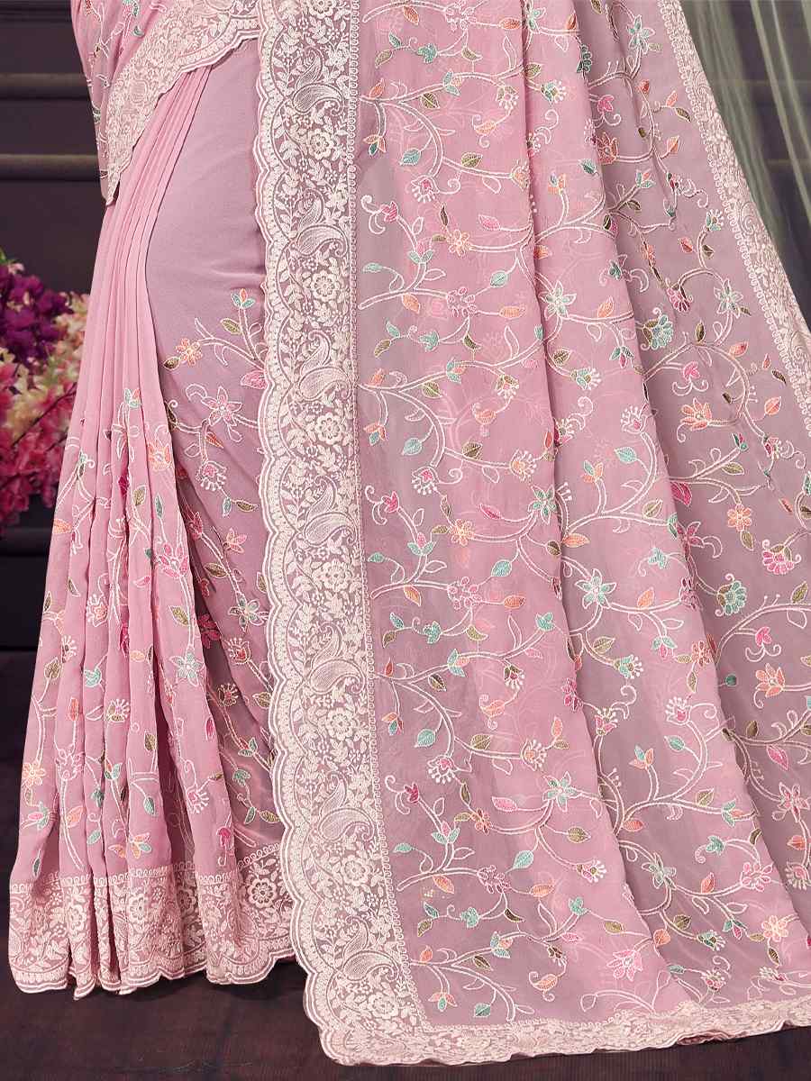 Pink Georgette Embroidered Wedding Reception Heavy Border Saree