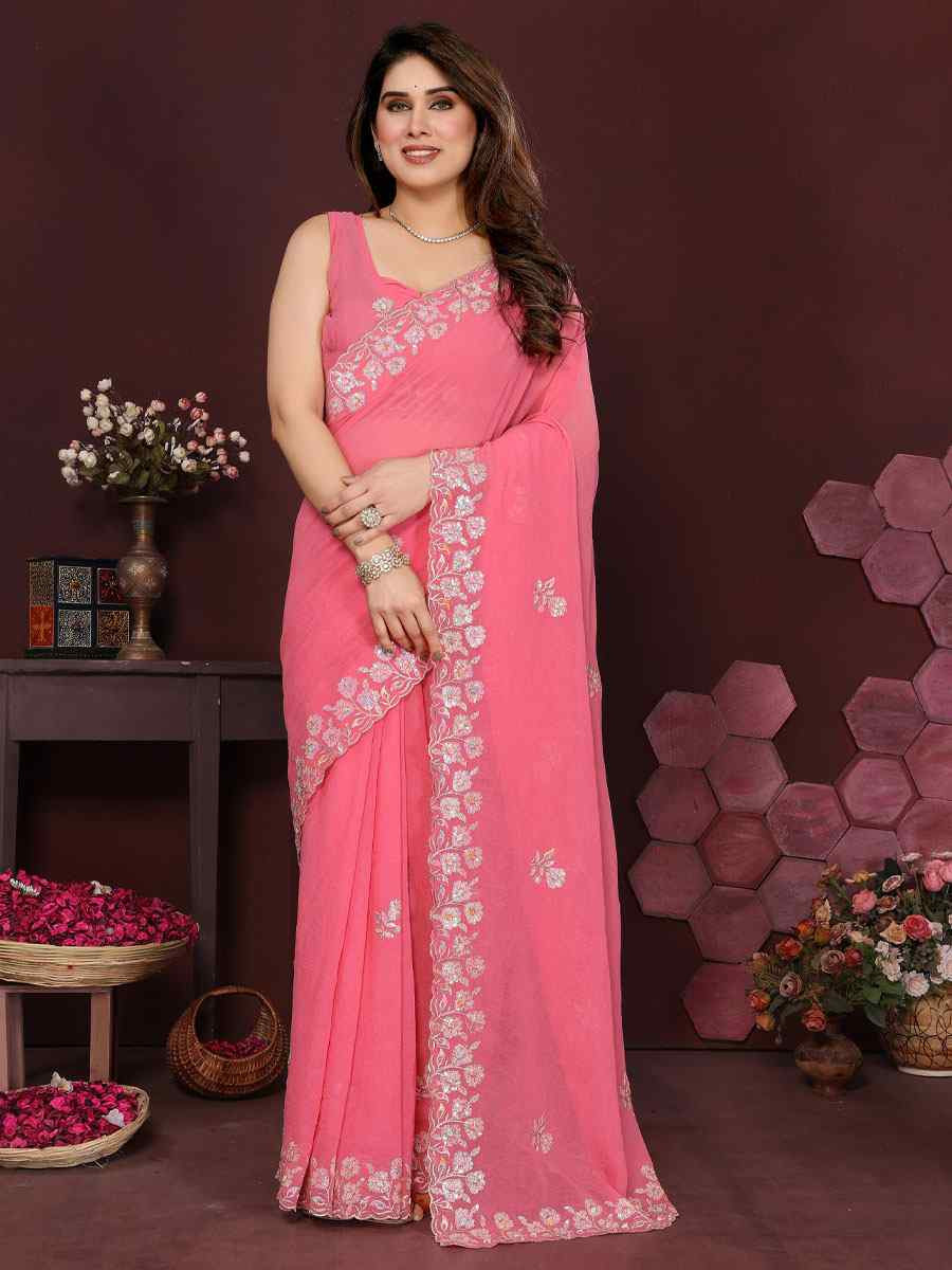 Pink Georgette Embroidery Bridal Festival Wedding Traditional Fancy Heavy Border Sarees