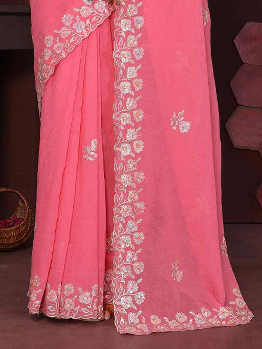 Pink Georgette Embroidery Bridal Festival Wedding Traditional Fancy Heavy Border Sarees