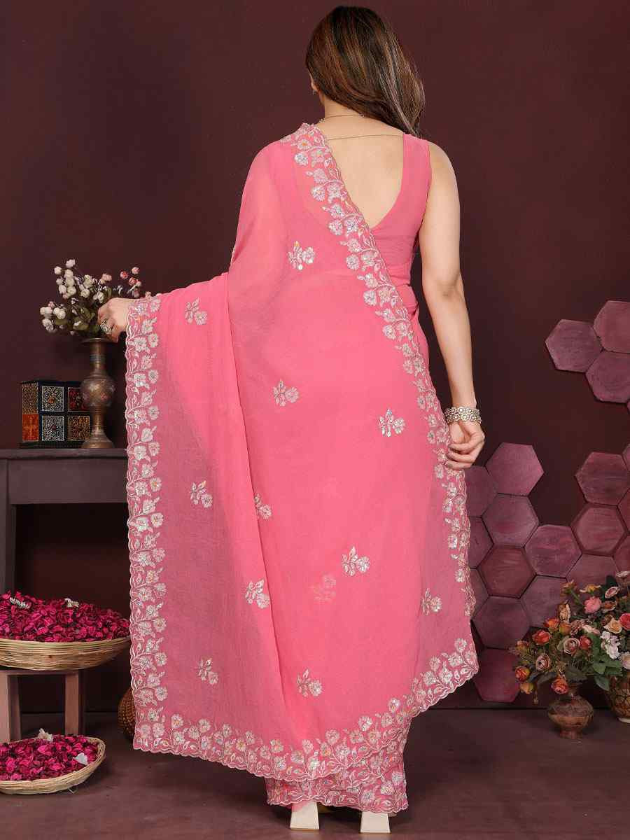 Pink Georgette Embroidery Bridal Festival Wedding Traditional Fancy Heavy Border Sarees