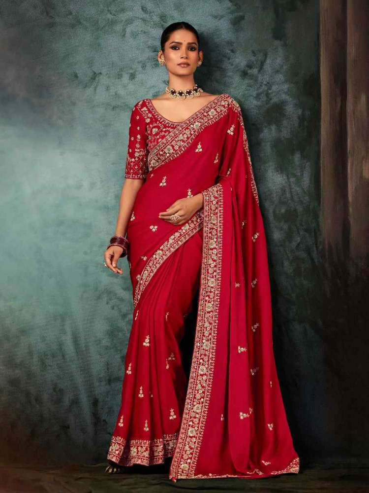 Image of Pink Georgette Embroidery Bridal Reception Festival Wedding Fancy Heavy Border Saree