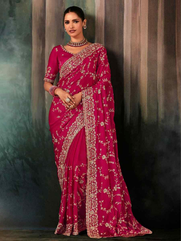 Image of Pink Georgette Embroidery Bridal Reception Festival Wedding Fancy Heavy Border Saree