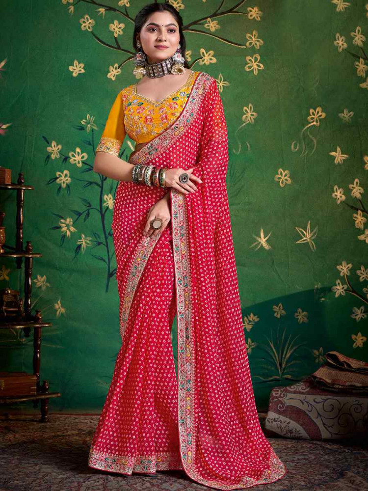 Image of Pink Georgette Embroidery Bridal Reception Festival Wedding Fancy Heavy Border Saree