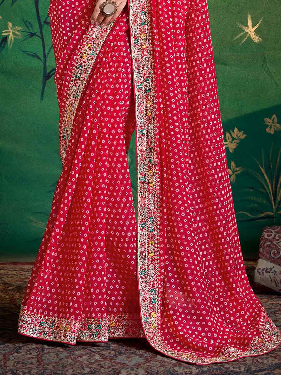 Pink Georgette Embroidery Bridal Reception Festival Wedding Fancy Heavy Border Saree