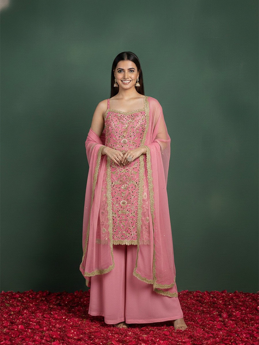Pink Georgette Embroidery Lace Work Festival Party Wear Palazzo Pant Salwar Kameez