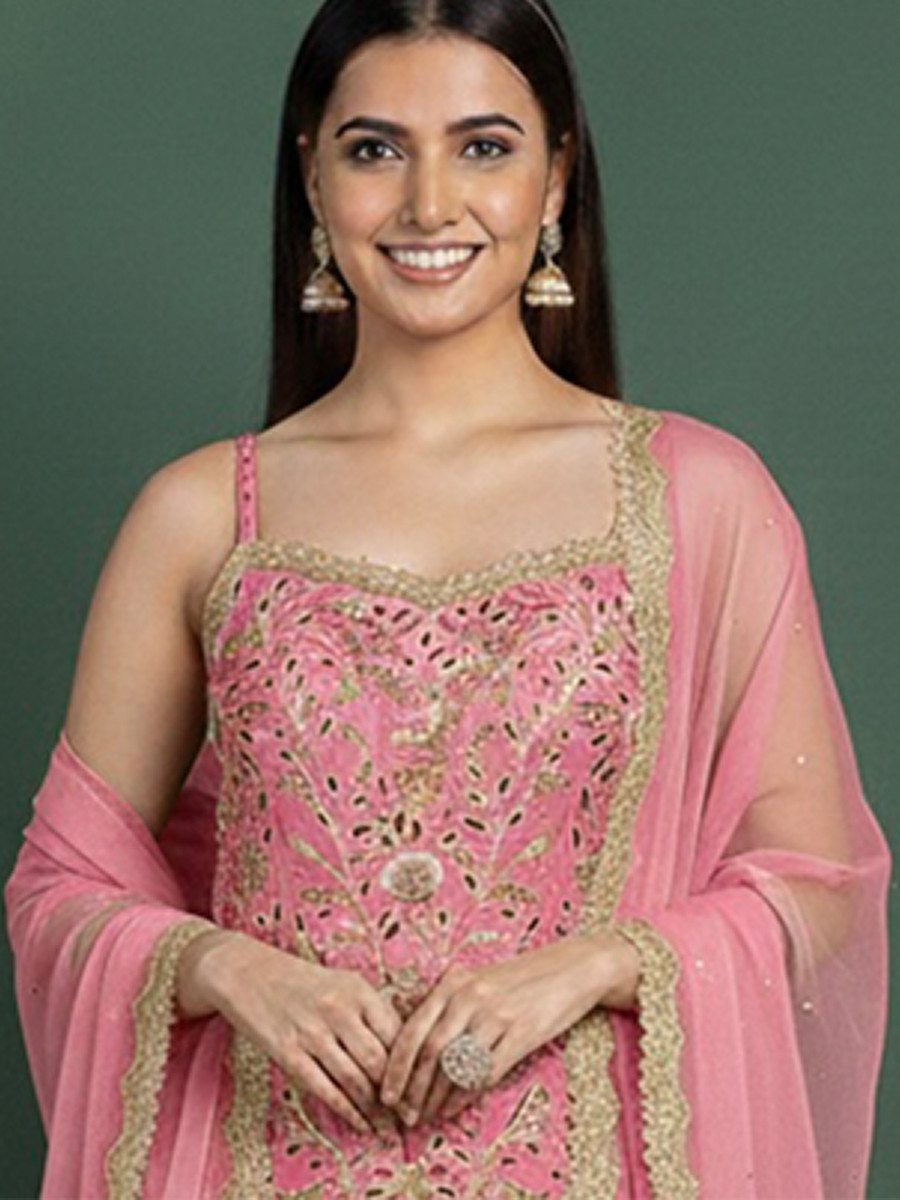 Pink Georgette Embroidery Lace Work Festival Party Wear Palazzo Pant Salwar Kameez