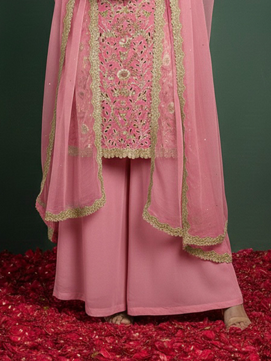 Pink Georgette Embroidery Lace Work Festival Party Wear Palazzo Pant Salwar Kameez