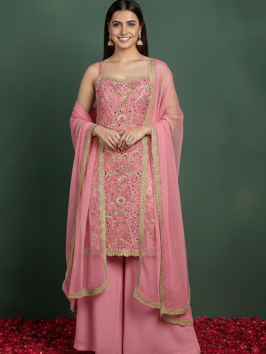 Pink Georgette Embroidery Lace Work Festival Party Wear Palazzo Pant Salwar Kameez