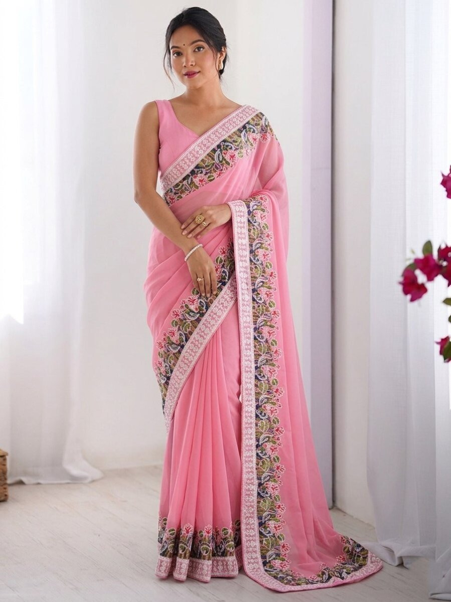 Pink Georgette Embroidery Lace Work Wedding Reception Party Festival Casual Heavy Border Sarees