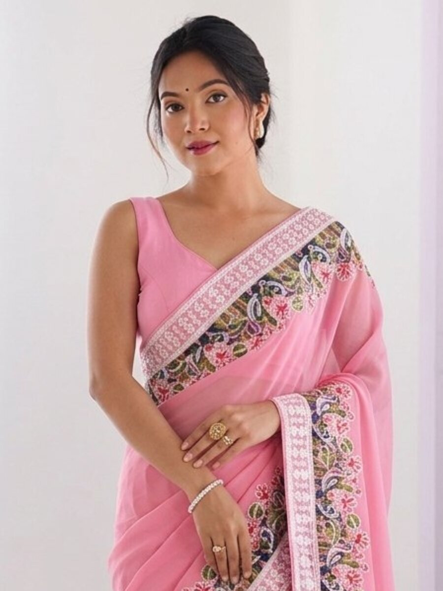 Pink Georgette Embroidery Lace Work Wedding Reception Party Festival Casual Heavy Border Sarees
