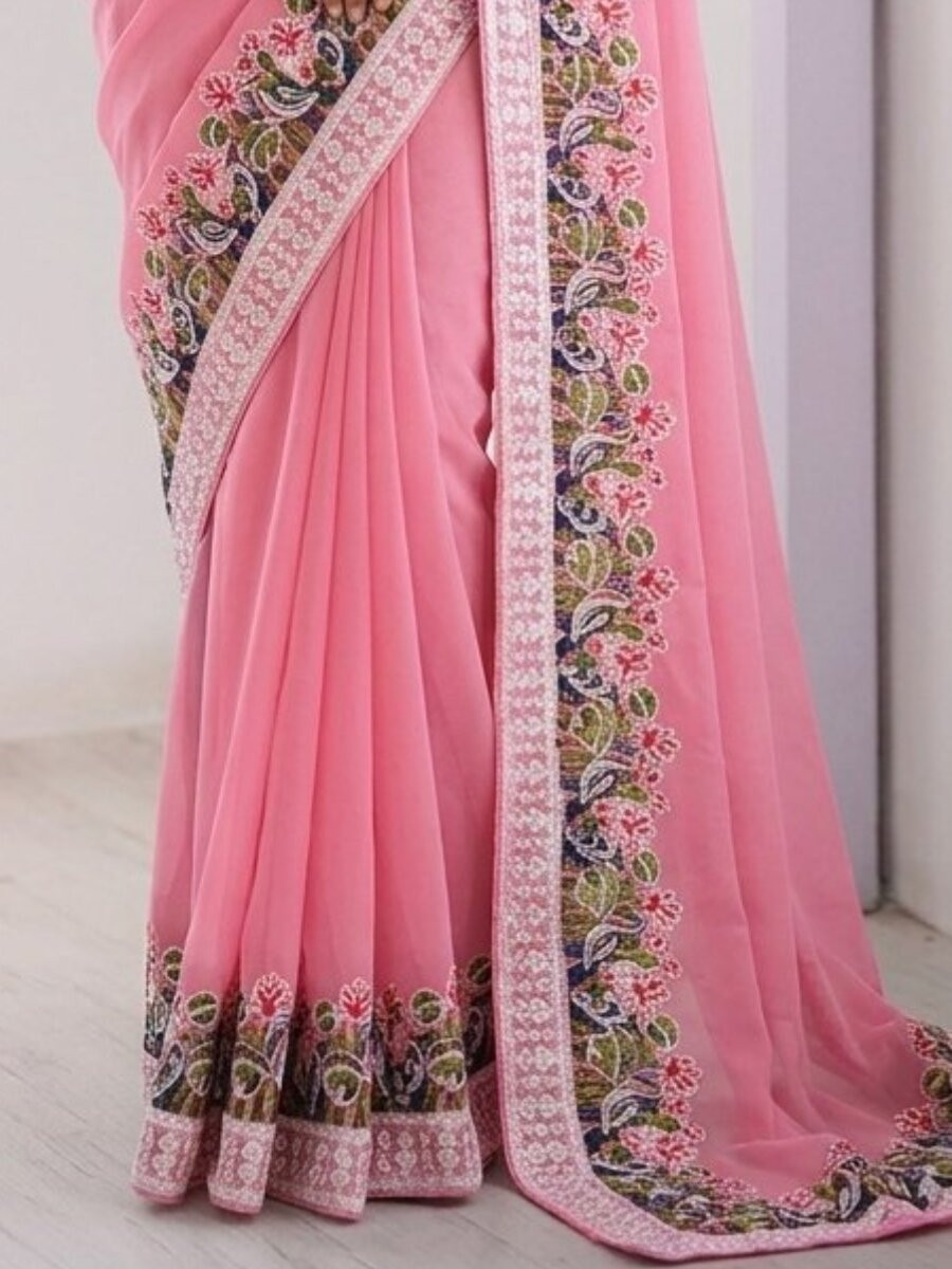 Pink Georgette Embroidery Lace Work Wedding Reception Party Festival Casual Heavy Border Sarees