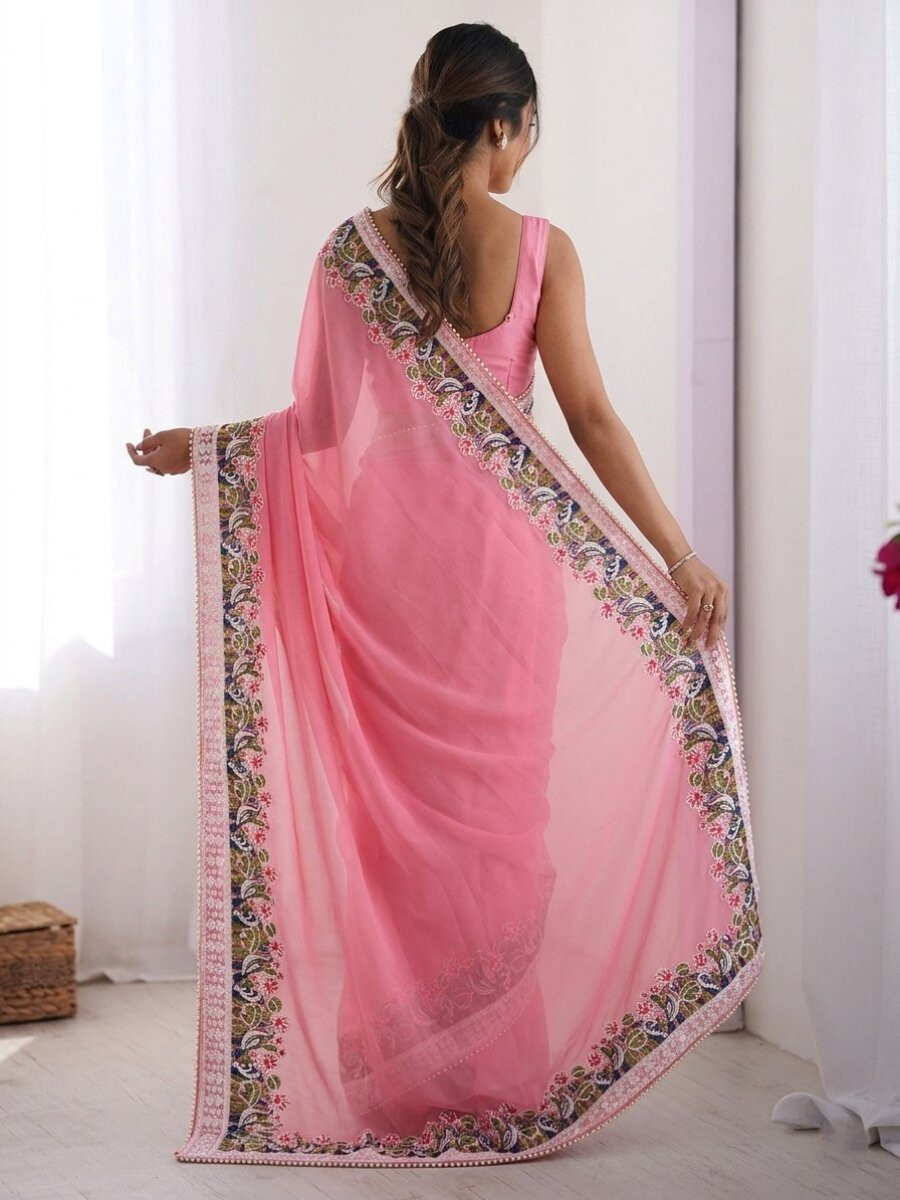 Pink Georgette Embroidery Lace Work Wedding Reception Party Festival Casual Heavy Border Sarees