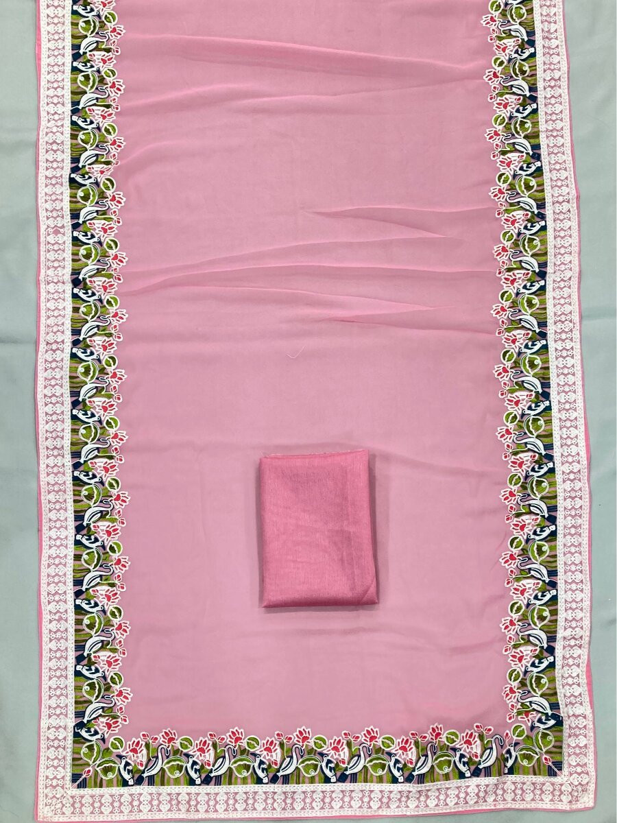 Pink Georgette Embroidery Lace Work Wedding Reception Party Festival Casual Heavy Border Sarees