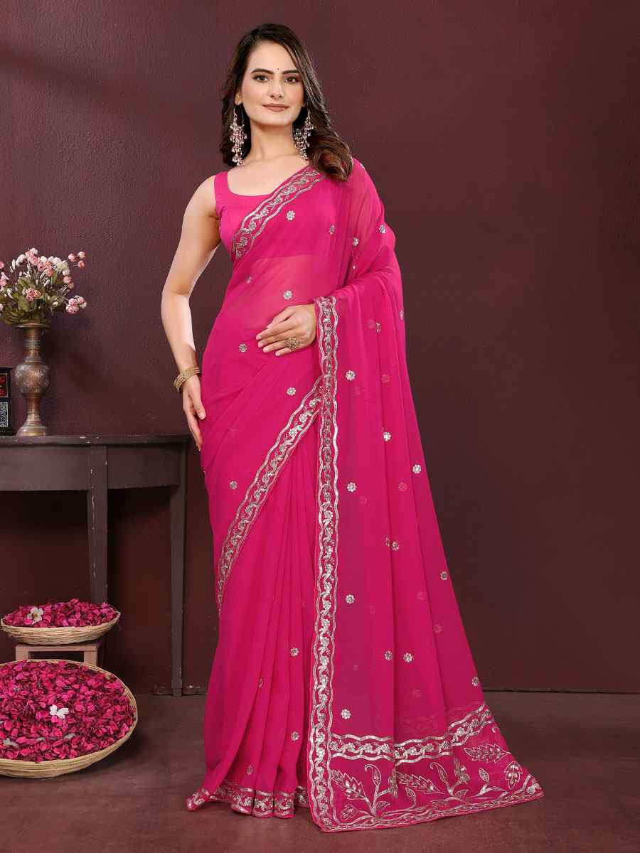 Pink Georgette Embroidery Party Bridal Reception Festival Wedding Fancy Heavy Border Saree