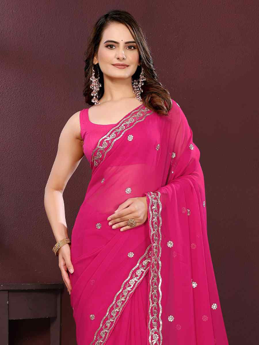 Pink Georgette Embroidery Party Bridal Reception Festival Wedding Fancy Heavy Border Saree